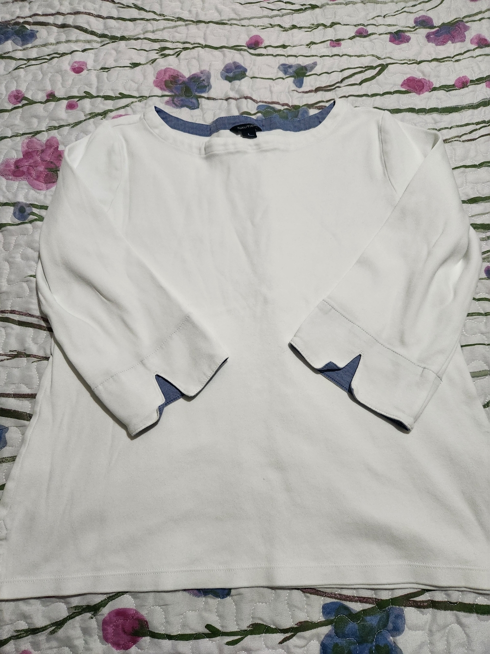 Nautica White Long Sleeve Tee with Blue Trim